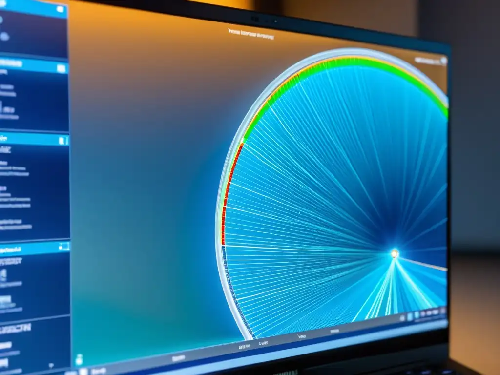 Interfaz de software de mapeo de túneles históricos en pantalla, con geólogo analizando datos detallados en ambiente profesional y serio