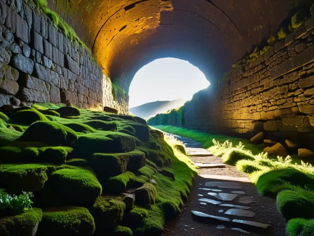 Una fotografía de alta resolución que captura el interior de un antiguo túnel, iluminado por una suave luz que resalta sus texturas y patrones