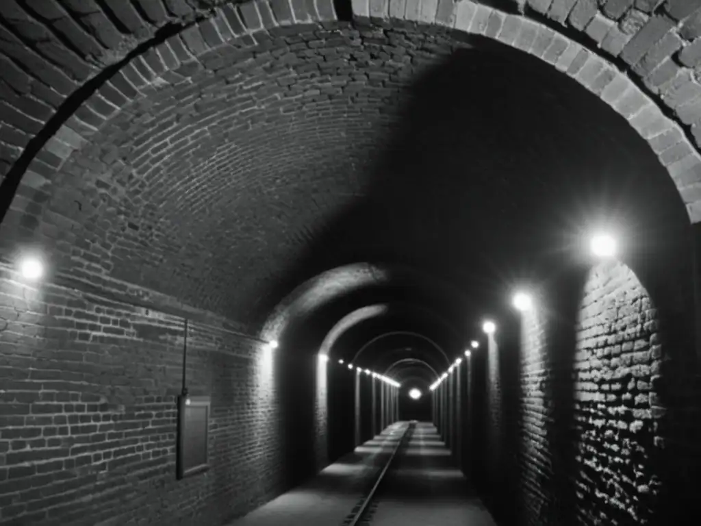 Interior de túnel histórico con detalles de ladrillo y techos abovedados