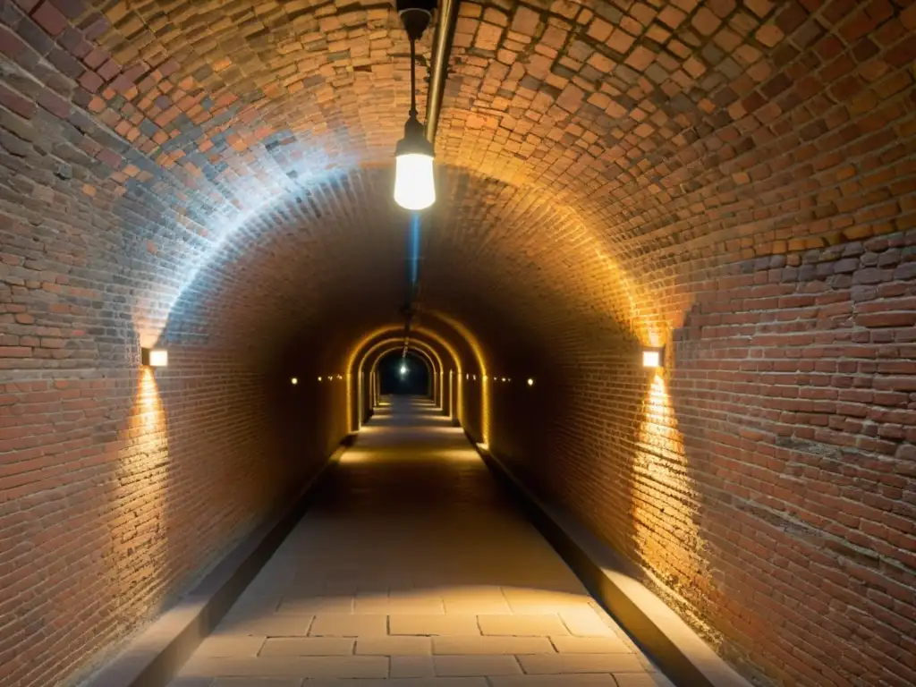 Interior de túnel histórico iluminado con LED, resaltando la arquitectura con una cálida luz