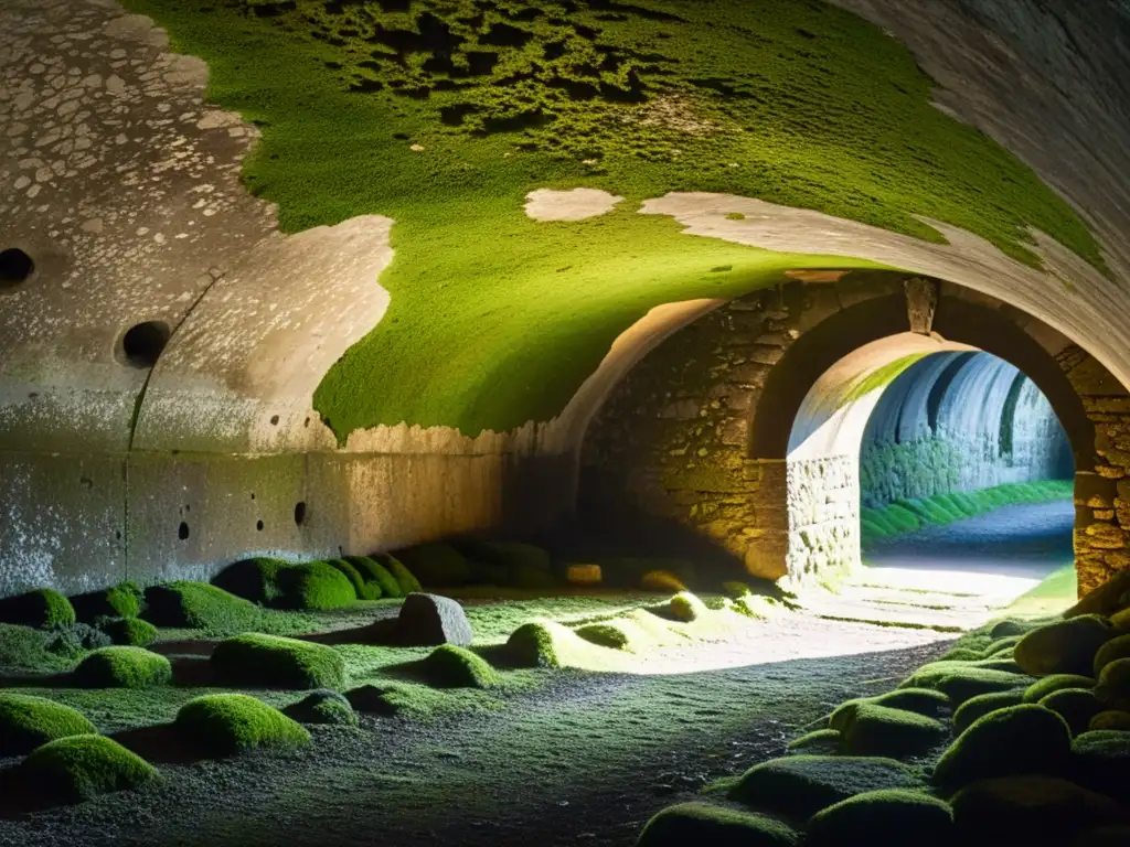 Interior de túnel histórico, iluminado por tenues rayos de luz natural