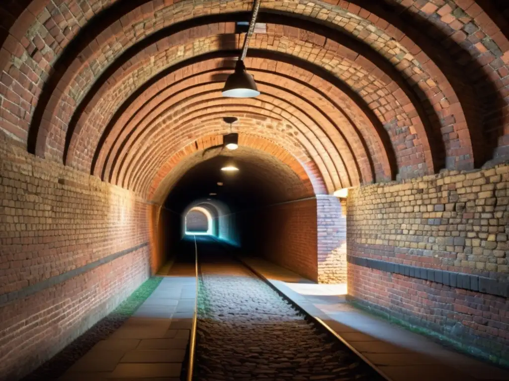 Interior de túnel histórico con ladrillos y arcos iluminados, evocando historia y conservación de túneles históricos inversion