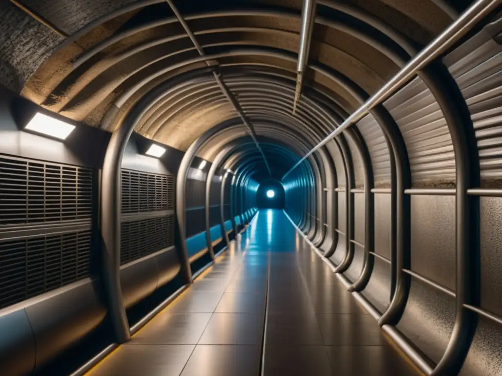 Interior de túnel histórico con sistemas modernos de ventilación integrados, destacando la fusión de lo antiguo y lo contemporáneo