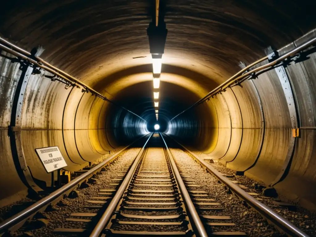 Interior oscuro de túnel histórico con señalización desgastada, resaltando la importancia de la señalización en exploración de túneles históricos