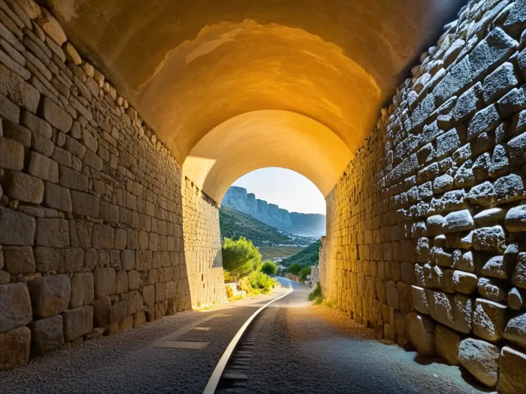 Interior del Túnel de Eupalinos en Grecia, iluminado de manera cálida resaltando la antigua arquitectura