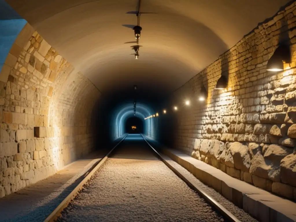 Interplay de luces en túnel histórico, resaltando la tecnología de iluminación para túneles históricos con LED, fluorescentes e incandescentes