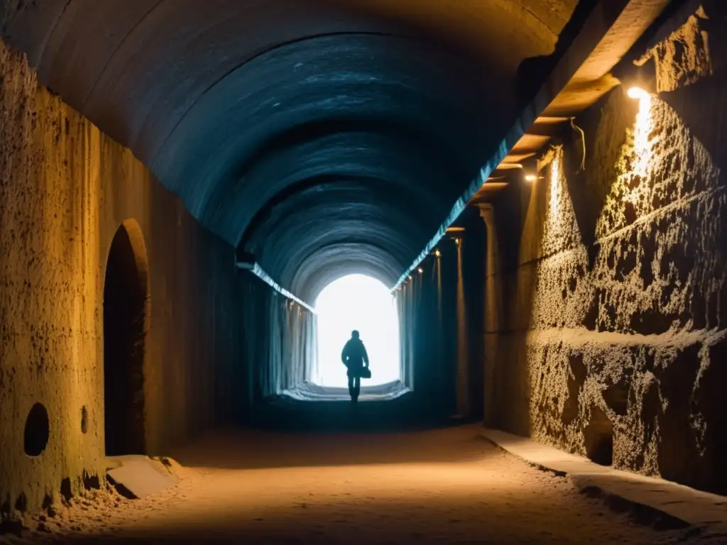 Un intrépido explorador avanza con determinación en los estrechos túneles de escape en Vietnam, iluminado por la suave luz de una linterna