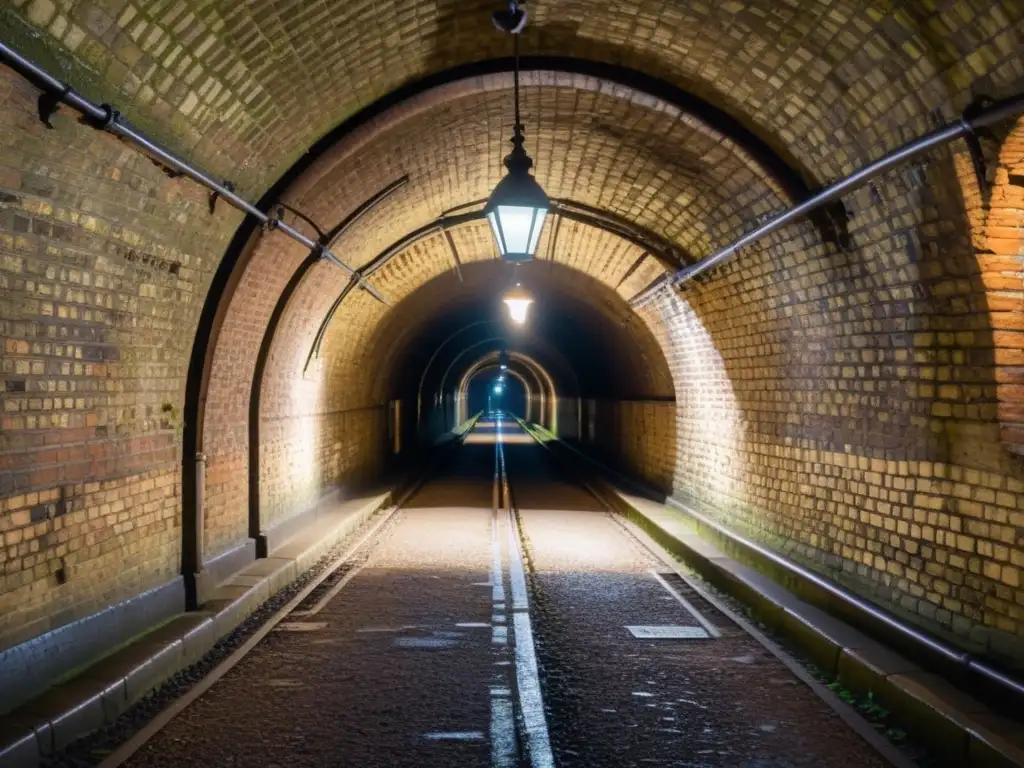 Explora la intrigante red de túneles de la época victoriana bajo Londres, con sus arcos y ladrillos iluminados por tenues lámparas de gas