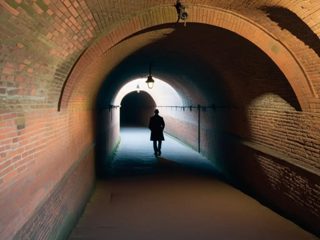 Fotografía de túnel histórico subterráneo con intrincada arquitectura de ladrillo y figura solitaria, evocando misterio y contemplación