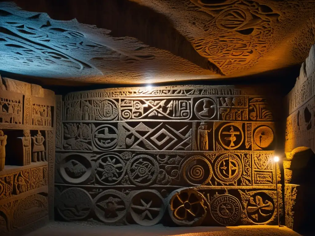 Intrincadas carvings y símbolos antiguos iluminados en un túnel subterráneo