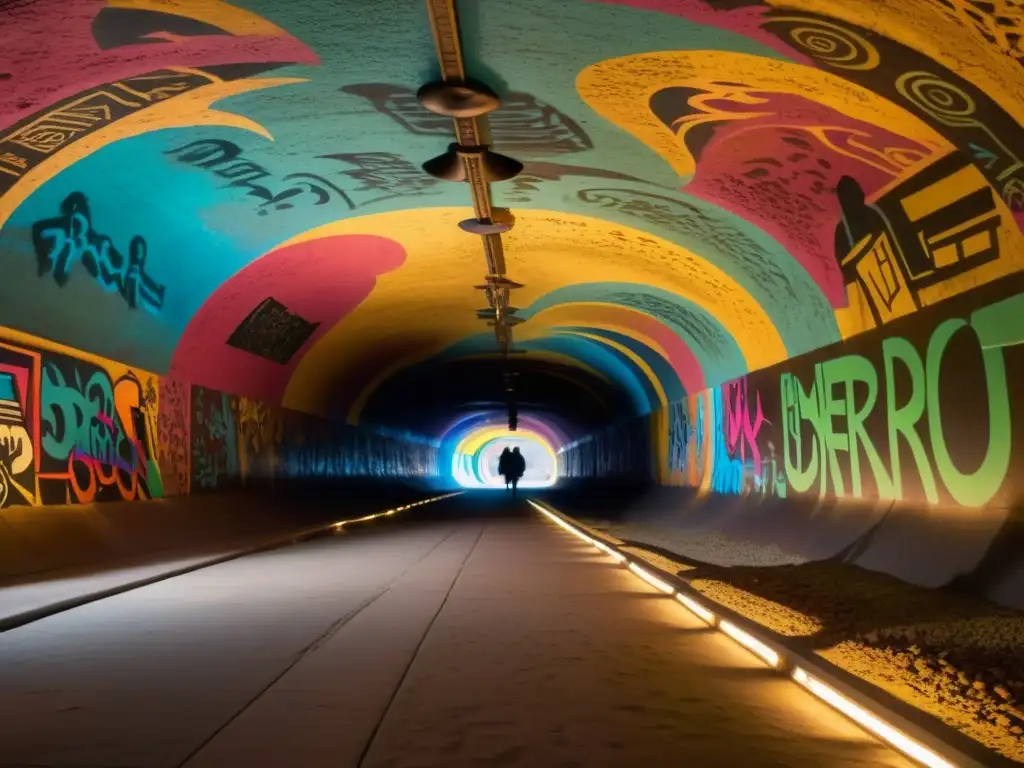 Inversión en proyectos de túneles culturales: túnel subterráneo iluminado con graffiti colorido que muestra escenas históricas y diversidad cultural, creando una atmósfera de misterio y exploración