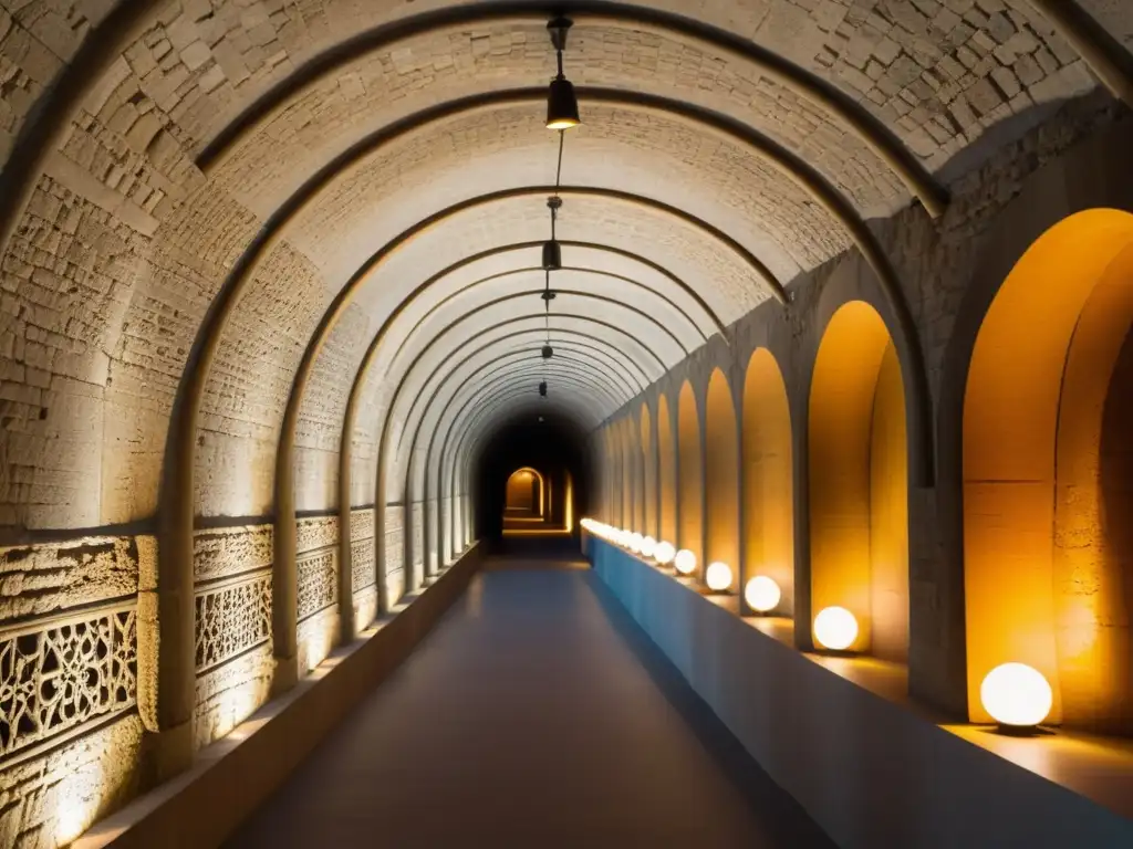 Inversión en proyectos de túneles culturales: un túnel histórico iluminado con detalles arquitectónicos, exhibiciones y visitantes maravillados