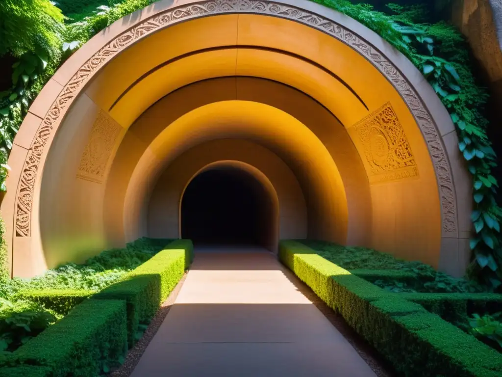 Inversión en proyectos de túneles culturales: Entrada de túnel tallada con motivos culturales, iluminada por cálida luz solar entre la vegetación