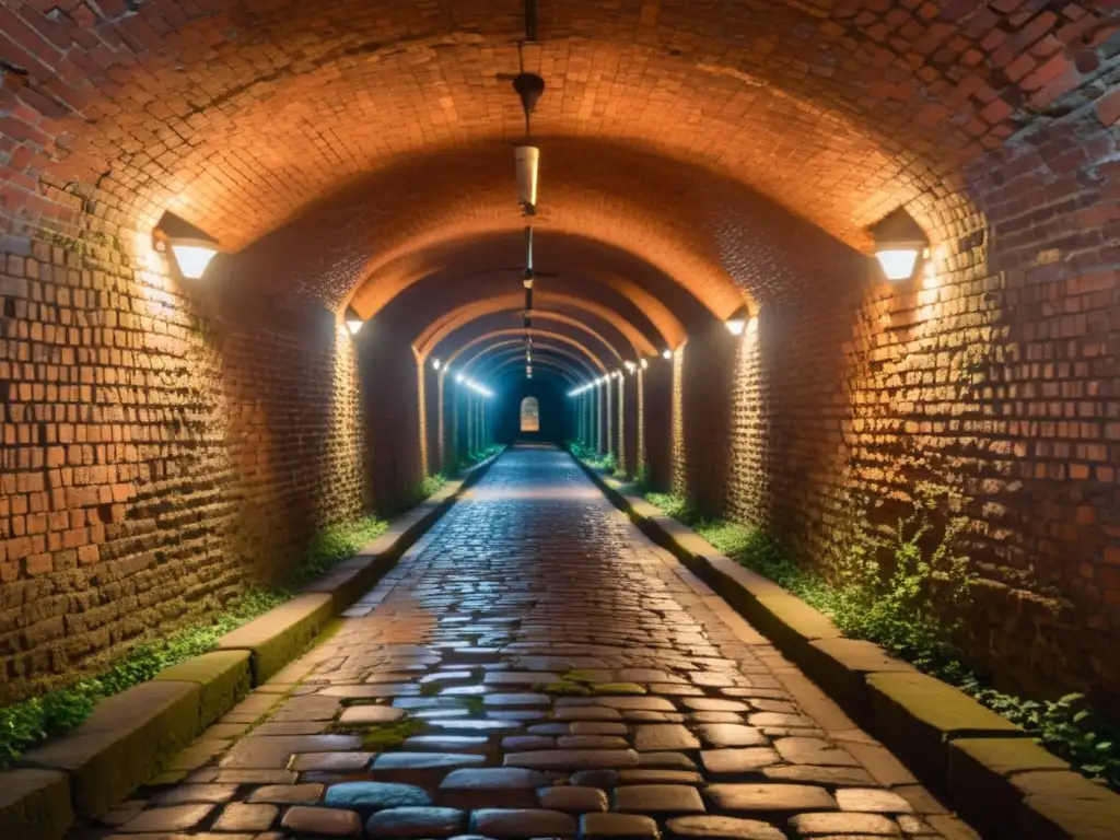 Inversiones estratégicas en túneles históricos: Misterioso túnel histórico iluminado por luz cálida, revelando su rica arquitectura y atmósfera evocadora