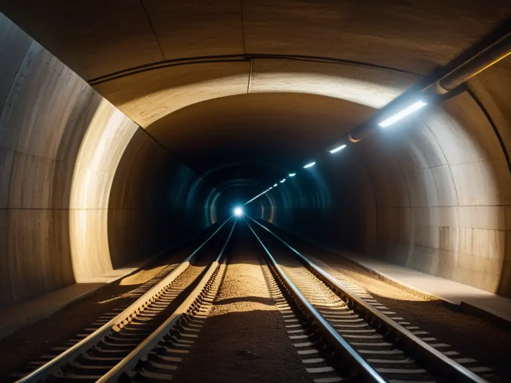 Inversiones estratégicas en túneles históricos: Una imagen documental de un túnel subterráneo histórico, resaltando su arquitectura con iluminación dramática y una atmósfera misteriosa