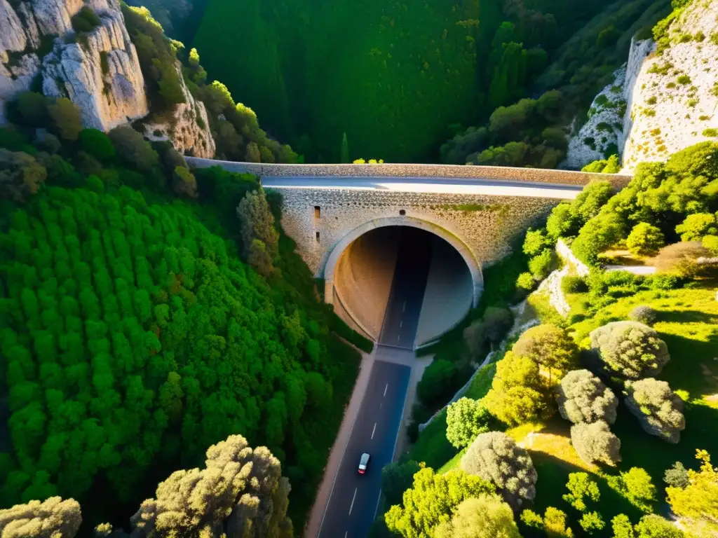 Inversiones estratégicas en túneles históricos: Vista aérea del antiguo túnel de Eupalinos en Grecia, rodeado de exuberante vegetación y bañado por la luz del sol, destacando su impresionante diseño arquitectónico y significado histórico