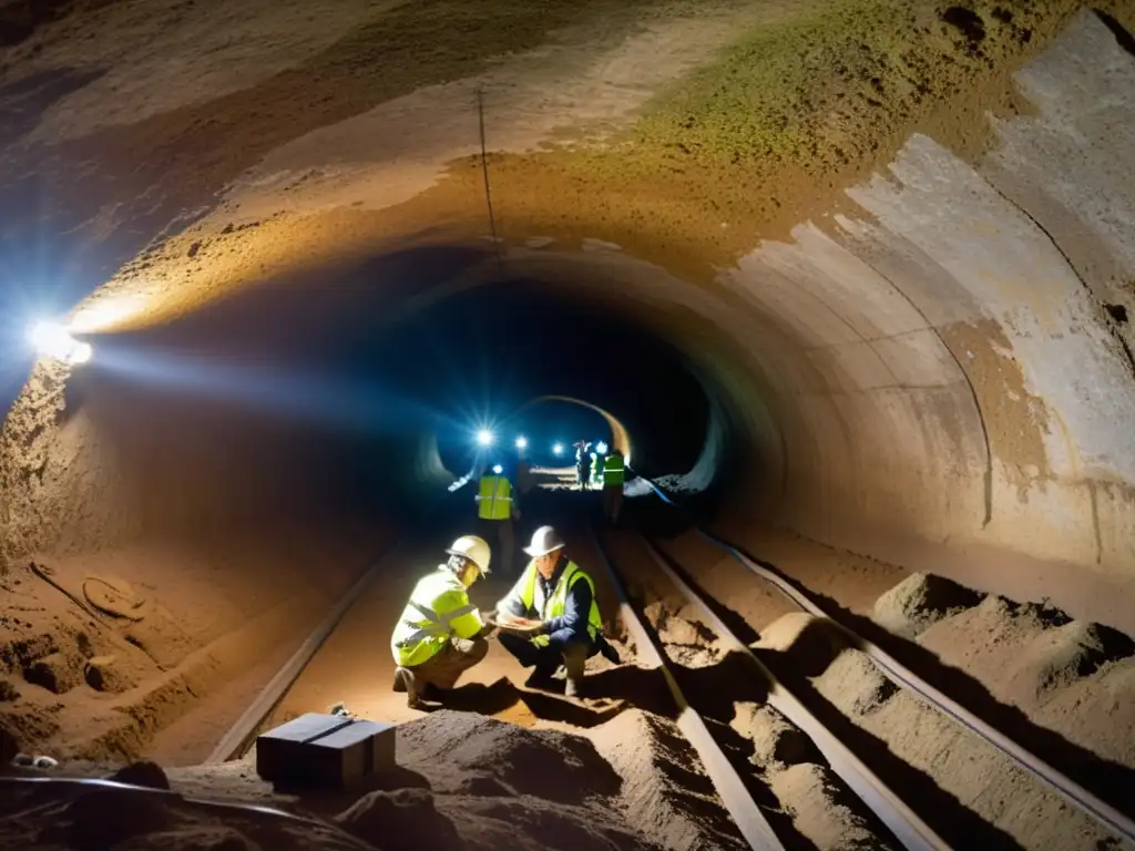 Inversiones en infraestructura subterránea histórica: equipo de arqueólogos excavando con cuidado un túnel antiguo, desvelando capas de historia