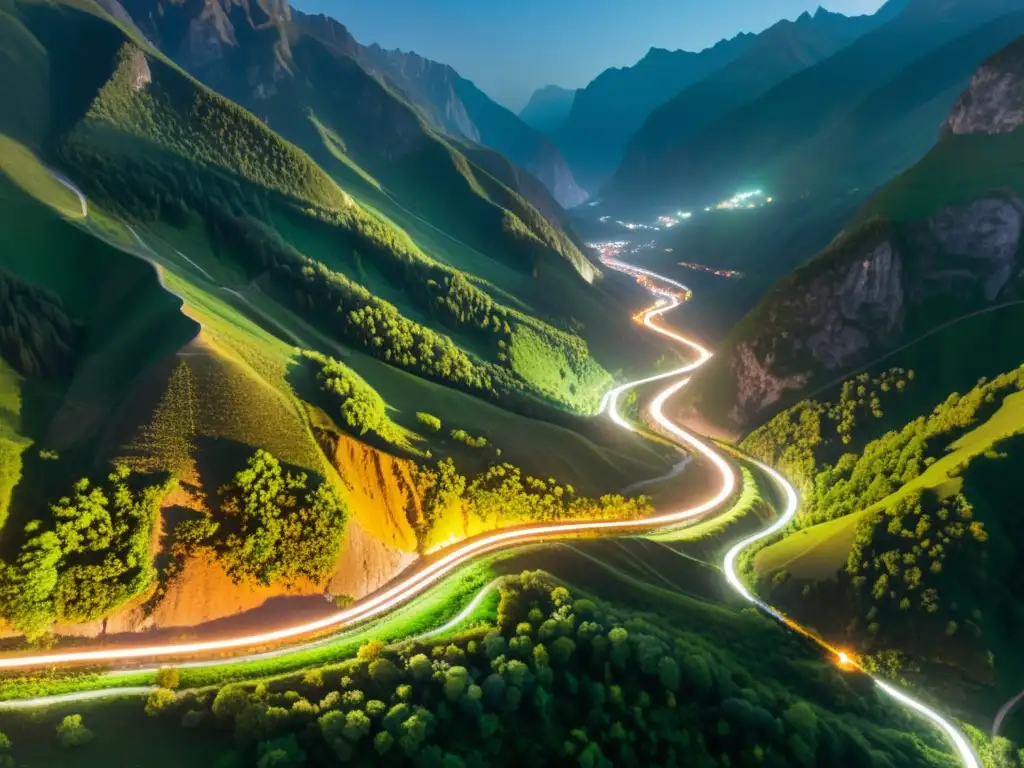 Inversiones en túneles turísticos: una red subterránea iluminada serpentea entre montañas, creando un misterio visual y aventura