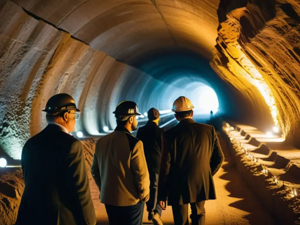 Inversores y ingenieros exploran un túnel subterráneo, con formaciones rocosas iluminadas, mostrando el potencial para inversiones en túneles turísticos