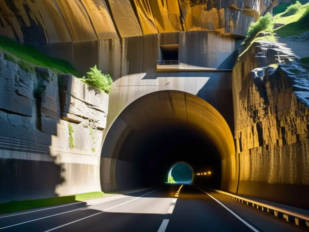 Fotografía de túnel en la montaña con juego de luces y sombras, evocando misterio y aventura