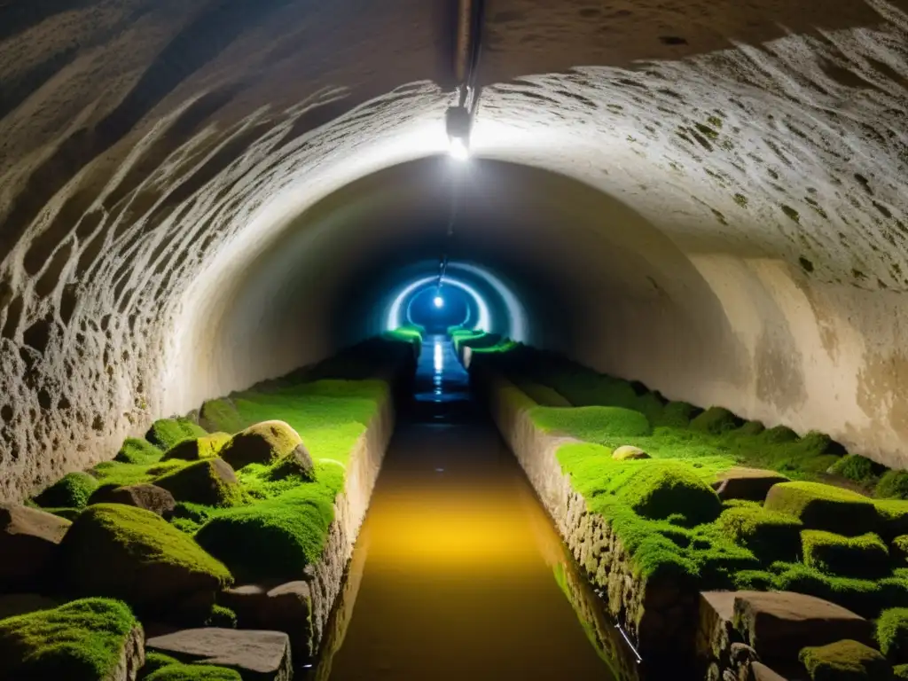 Laberinto subterráneo antiguo con paredes de piedra cubiertas de musgo, iluminado débilmente