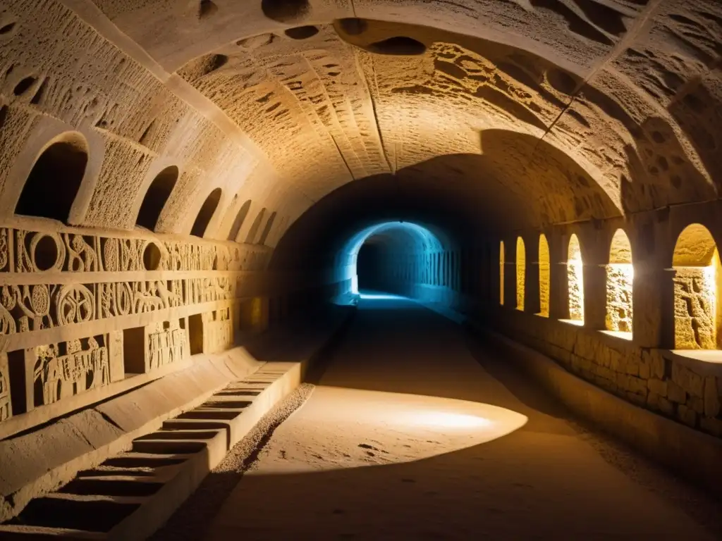 Misteriosos túneles subterráneos: historia antigua y misterio Laberinto subterráneo iluminado, con símbolos antiguos y atmósfera intrigante