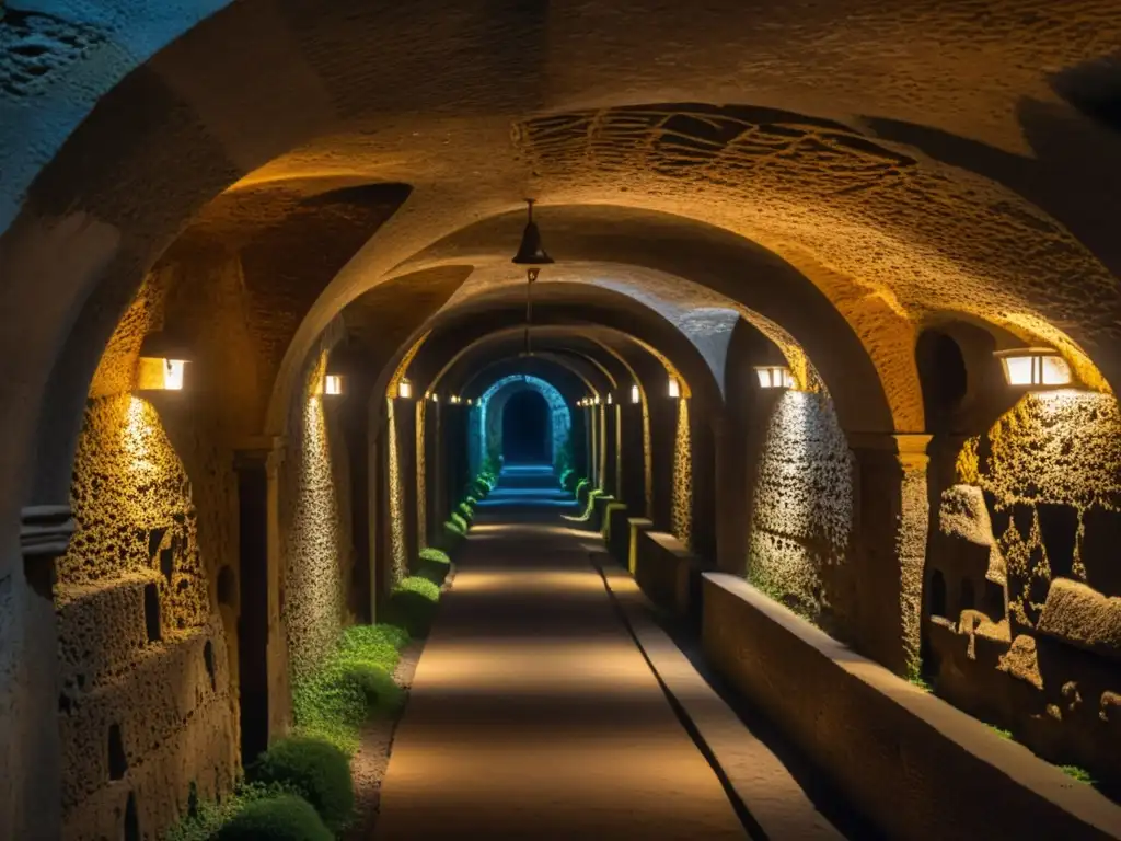 Laberinto de túneles y catacumbas subterráneas en Roma, con pasadizos estrechos, arcos y cámaras iluminadas por antorchas, revelando la historia y la arquitectura de las Rutas de ciudades con historia subterránea