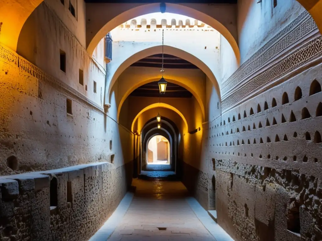 Laberinto de túneles históricos en la Medina de Fez, Marruecos: luces doradas, sombras dramáticas y misteriosas voces lejanas