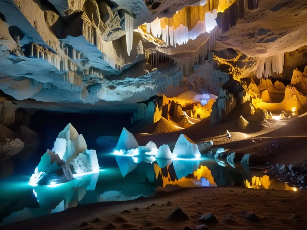 Laberinto de túneles en mina Naica: Impresionante vista de las cuevas de cristal subterráneas con formaciones de yeso iluminadas de manera cálida, creando una atmósfera etérea y misteriosa