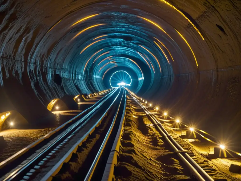 Explora el laberinto de túneles en mina Naica, con mineros y maquinaria iluminados por luces artificiales