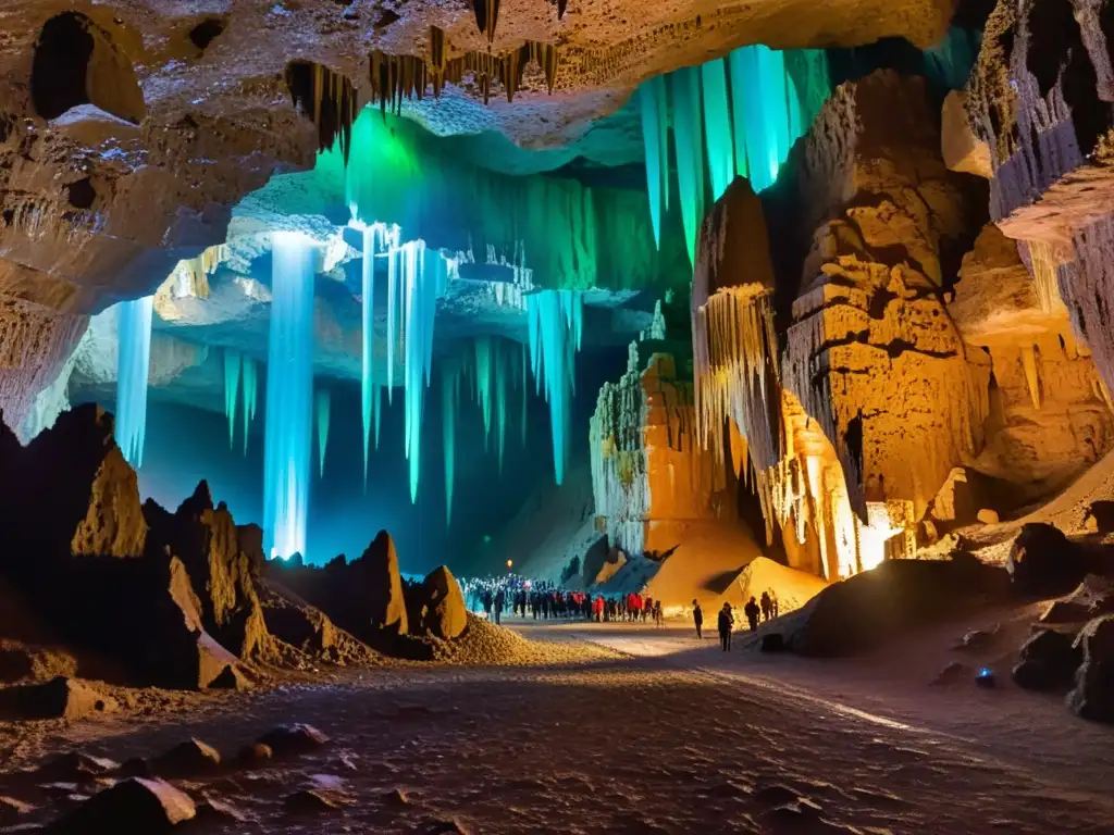 Laberinto de túneles en mina Naica: Pasaje iluminado con cristales gigantes y formaciones surrealistas en la oscuridad subterránea