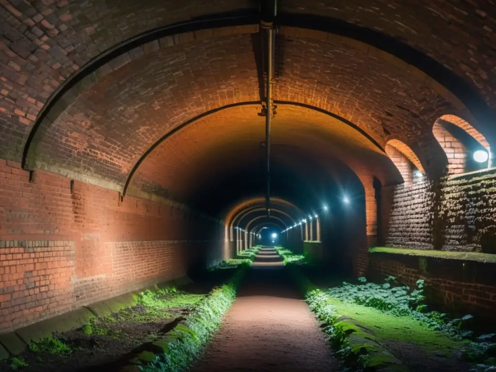 Fotografía de túnel subterráneo con ladrillos y luz tenue, creando atmósfera misteriosa y cautivadora para decorar el hogar