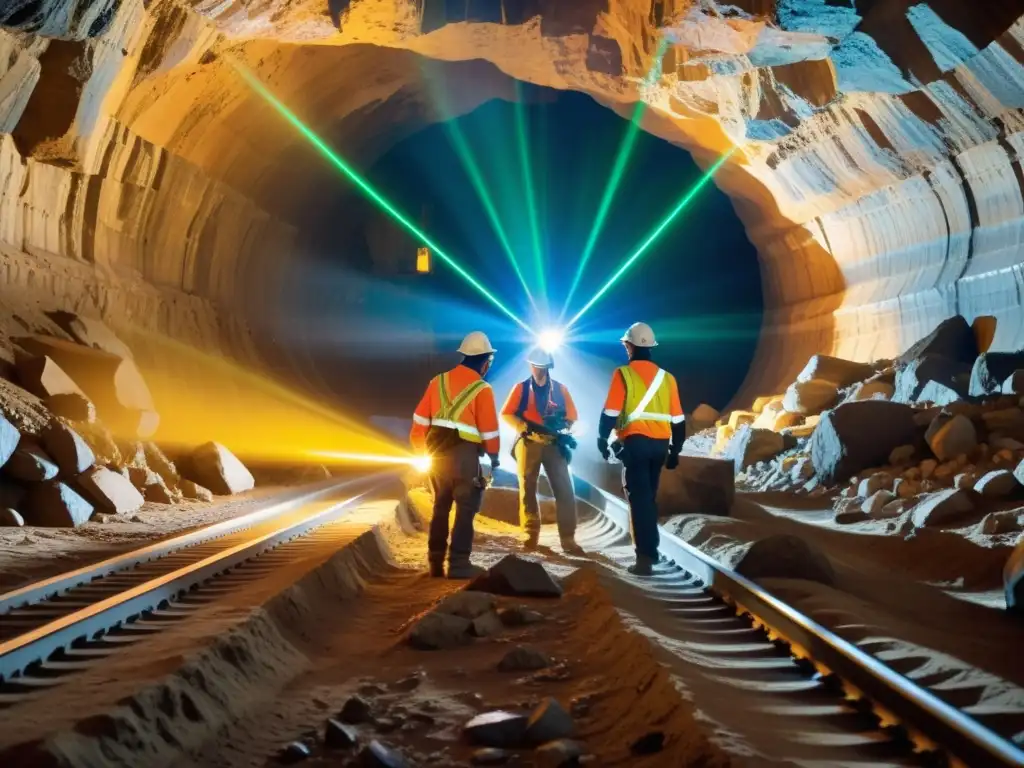 Excavación láser de túneles históricos: Máquina de corte de precisión bajo tierra, rodeada de ingenieros y obreros, iluminada por un intenso resplandor láser