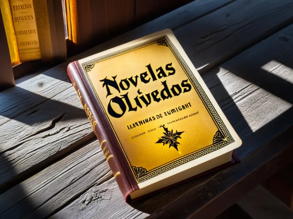 Un libro antiguo de 'Novelas de túneles olvidados' reposa sobre una mesa polvorienta, bañado por la luz del sol, evocando misterio y descubrimiento