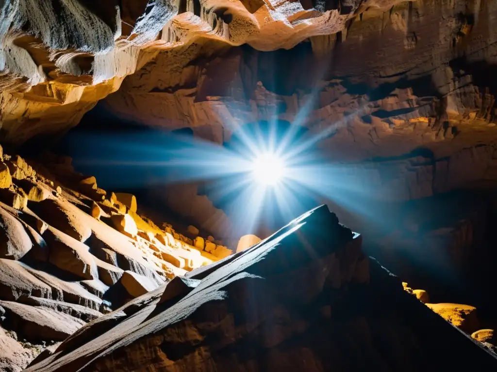 Linterna de cabeza subterránea iluminando formaciones rocosas, creando un ambiente misterioso y cautivador