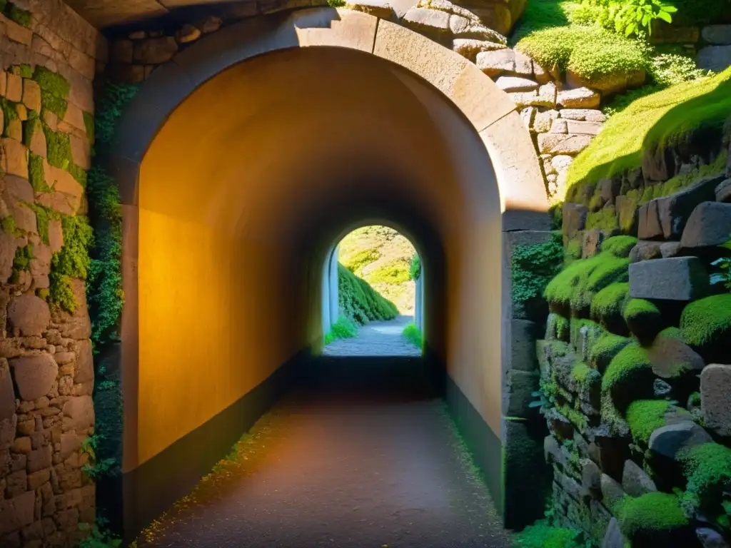 Explora la magia de la luz dorada en el interior de un antiguo túnel cubierto de musgo