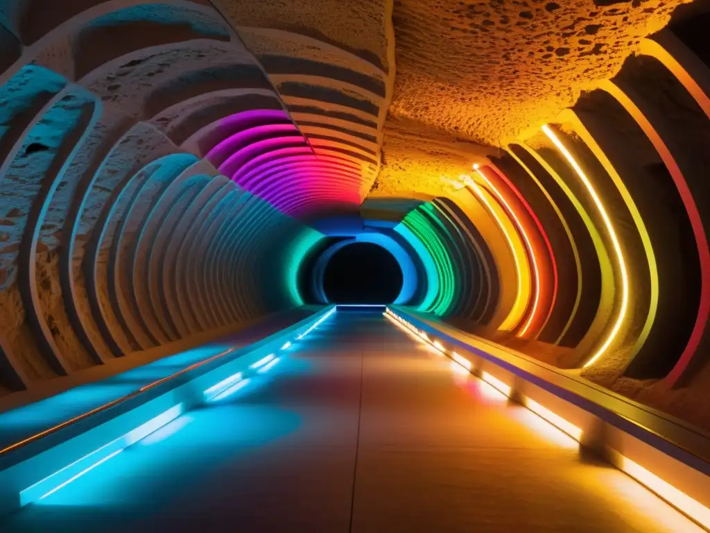 Explora la magia de un túnel subterráneo iluminado con innovaciones en iluminación túneles subterráneos, resaltando sus formaciones rocosas y arcos con luces LED vibrantes y multicolores