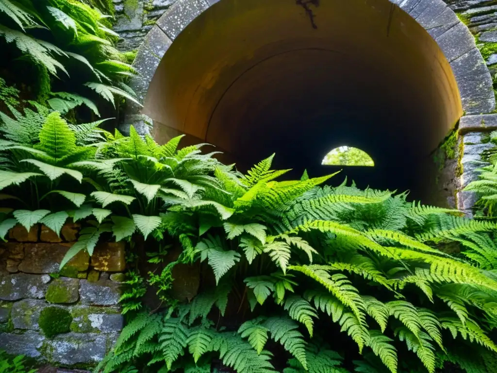 Un mágico sendero de musgos y helechos en la entrada de un túnel histórico