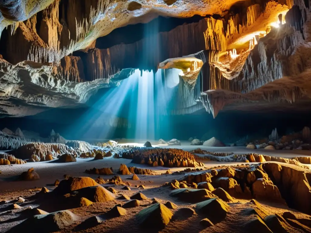 Explora la majestuosa formación de cavernas naturales geología profunda con impresionantes estalactitas y estalagmitas iluminadas por la luz natural