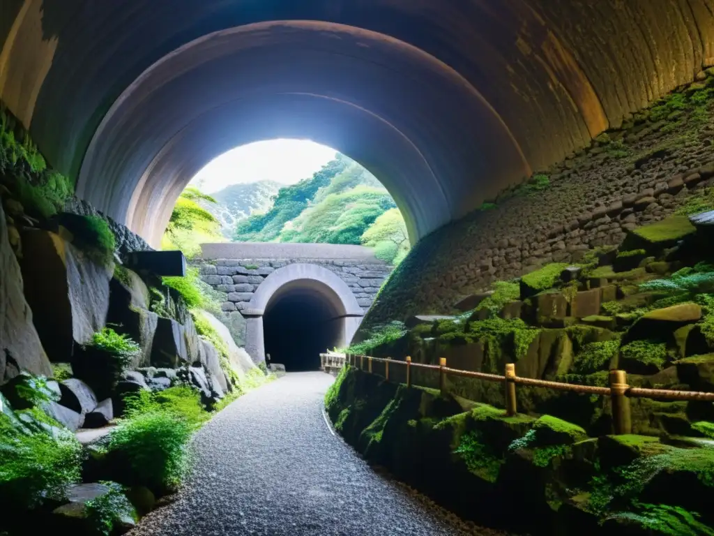 Descubre la majestuosidad del antiguo túnel de Kiyotsu Gorge en Japón, con sus luces dramáticas y siluetas que evocan el Japón feudal