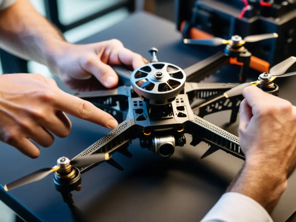 Manos expertas realizando meticuloso mantenimiento de drone para aventura subterránea, con luz suave y sombras dramáticas en el taller