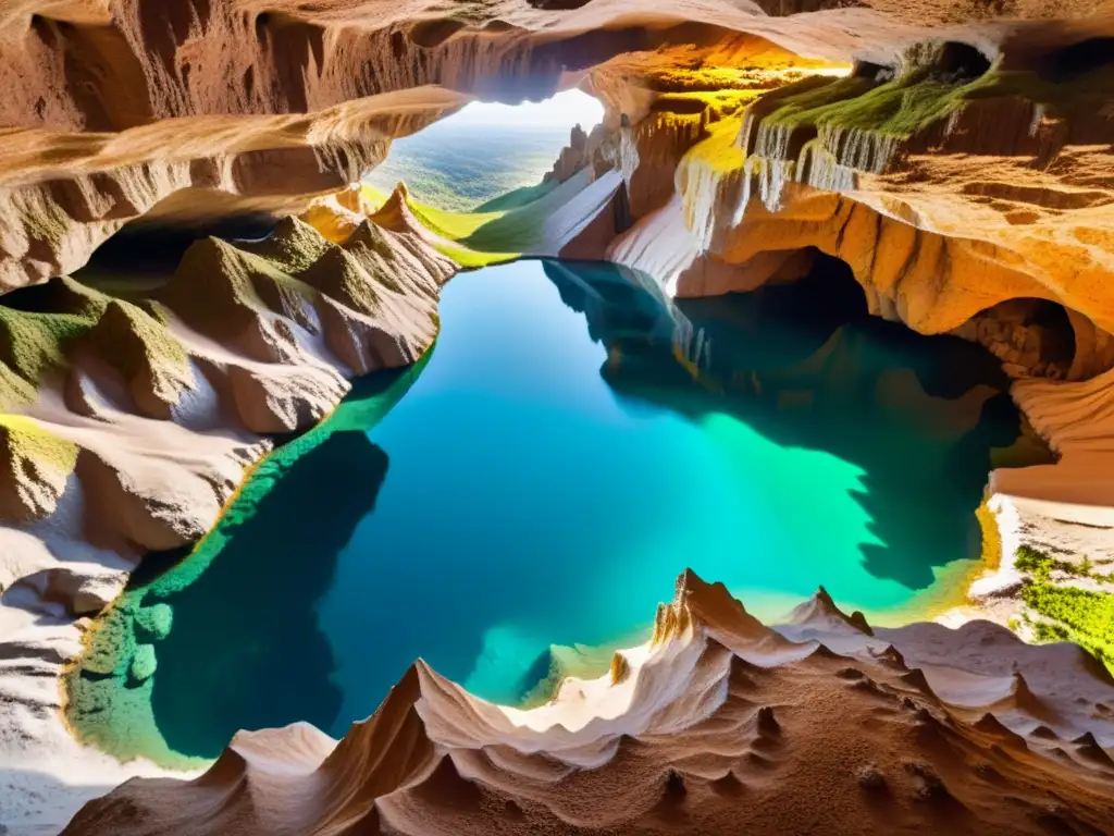 Mapas detallados de maravillas subterráneas: cueva subterránea con formaciones rocosas y piscinas de agua cristalina iluminadas por la luz solar