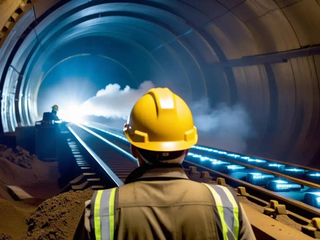 Una máquina perforadora de túneles masiva, iluminada por potentes luces industriales, talla lentamente su camino a través de la tierra