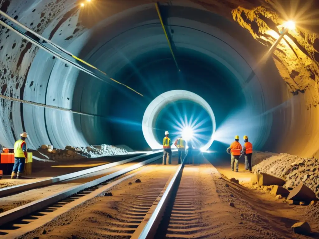 Una máquina perforadora de túneles de vanguardia cortando roca subterránea, con chispas volando y trabajadores en cascos supervisando la operación