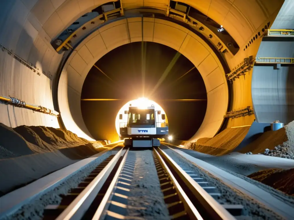 Una máquina tuneladora moderna iluminada cortando roca, evocando la evolución histórica de las máquinas tuneladoras