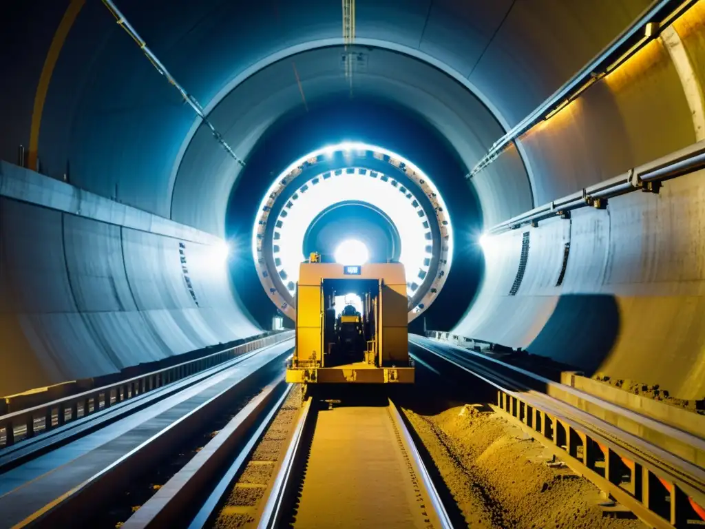 Una máquina tuneladora moderna en acción, con su potente cabezal giratorio, brazos hidráulicos y trabajadores supervisando la operación