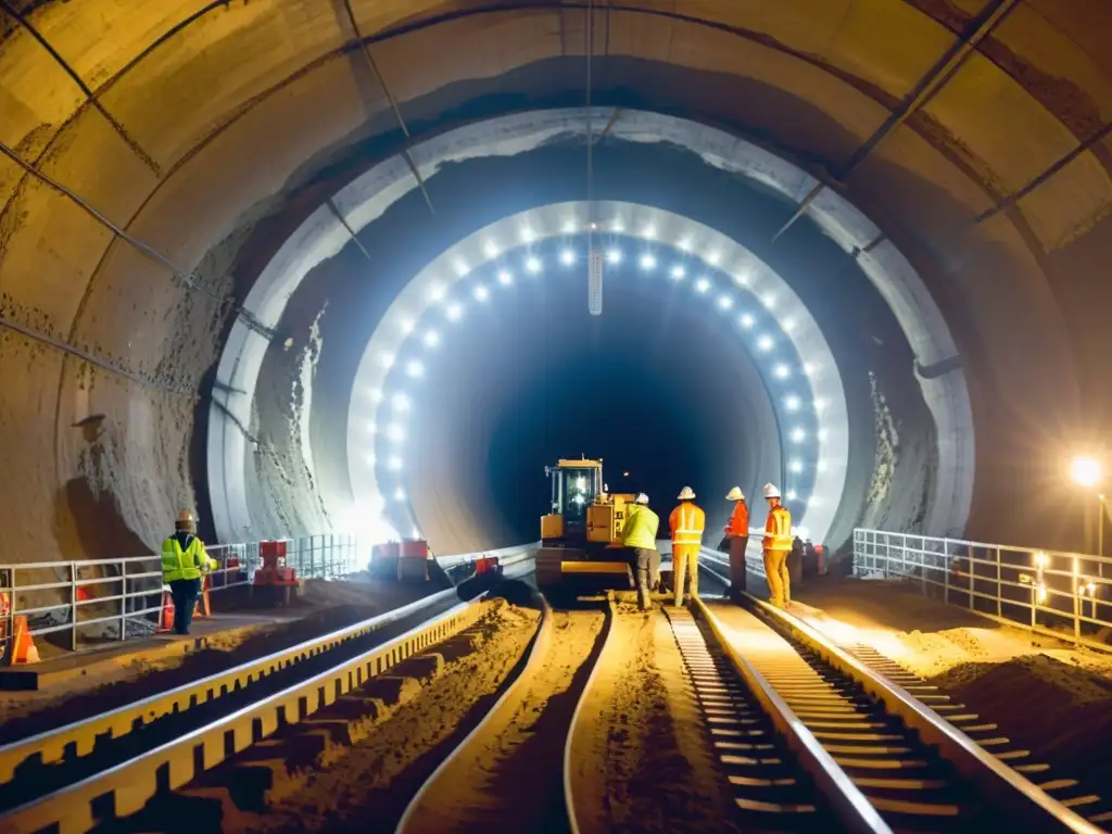 Una máquina tuneladora en acción, iluminando un túnel subterráneo con su potente luz