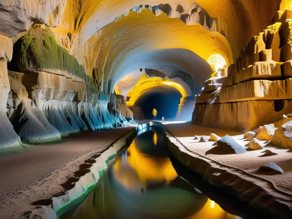 Descubre la maravilla de un túnel subterráneo iluminado por una suave luz dorada, lleno de formaciones rocosas y turistas