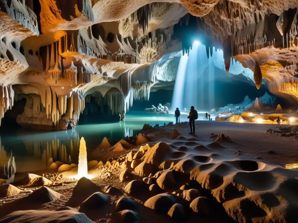 Maravillas del mundo subterráneo: una impresionante caverna llena de estalactitas y estalagmitas, iluminada por luz suave y misteriosa