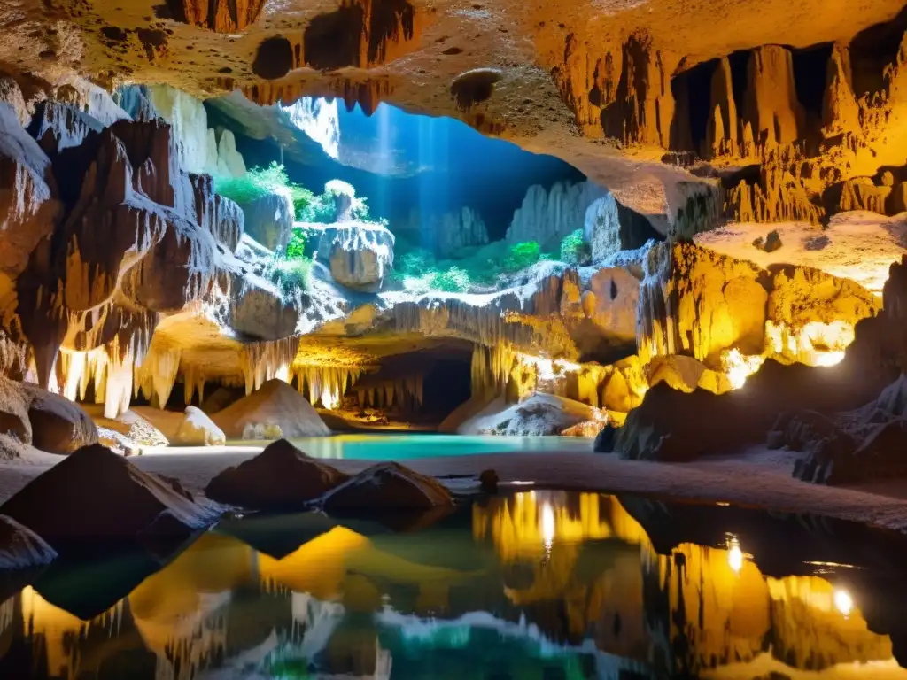 Maravillas subterráneas Grutas Cacahuamilpa: Cámara subterránea iluminada por la suave luz, con formaciones rocosas impresionantes y un río cristalino